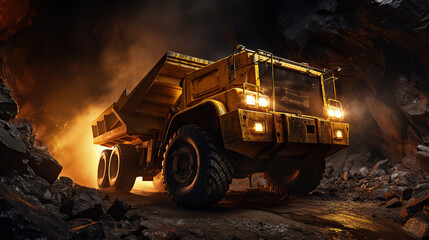 A mining truck is driving into a dark cave.