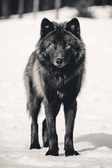 Black arctic wolf in snow vintage style