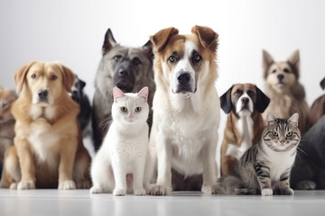 Dogs and cats observing the camera. Generative AI.