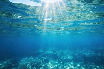 Underwater view, sun reflecting on the bottom of the sea. Generative AI