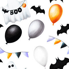 Watercolor seamless pattern with festive flags, cute ghosts, bats and balloons for halloween illustration. Hand painting postcard isolated on white background. For designers, dec