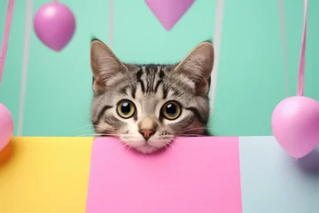 Foto op Plexiglas Playful Cat: Bright Pastel Animal Illustration for Cards and Banners, Birthday Party Invitation, Advertisement © Philipp