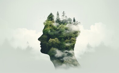 Illustration of a human profile filled with a lush forest, emphasizing the deep connection between man and nature and the importance of environmental preservation - obrazy, fototapety, plakaty