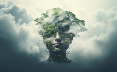Illustration of a girl's portrait intricately filled with a dense forest, surrounded by misty smoke and clouds, emphasizing the profound bond between humans and nature