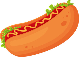 Vector drawing of a hot dog isolated on a white background. A delicious quick dish with sausage, bread, salad and mustard. Traditional street food for a quick snack. Vector illustration of food.
