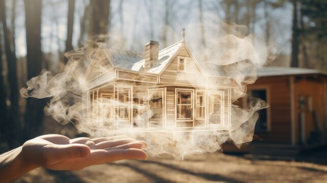 Concept of dreaming about a tiny cozy wooden house; on a misty hand, amidst a forest backdrop, a little home is visible