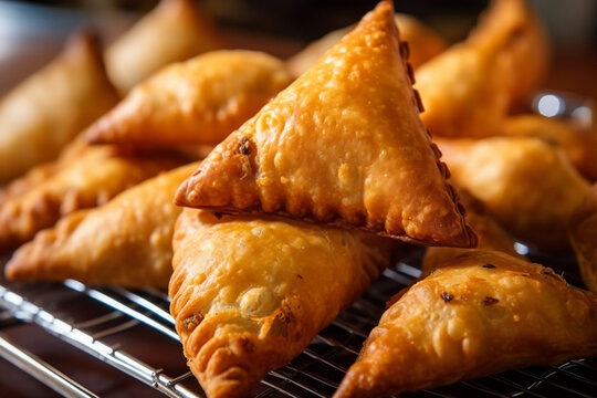 Indian snacks vegetable Samosas a spicy blend of vegetables wrapped in a deep fried triangular pastry parcel, fried Indian food . AI Generative