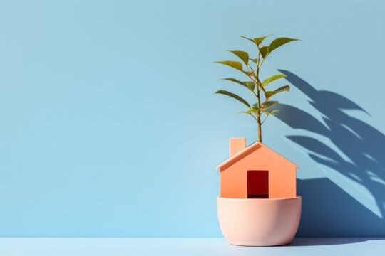 A tiny cozy house growing from a pot like a plant, symbolizing the dream of minimalist and simple living