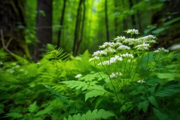 closeup of fresh wildflowers growing in a lush green forest