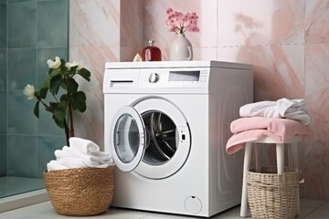 interior design, Modern washing machine with towels in bathroom. generative ai.