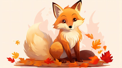 Hand drawn cartoon illustration of cute fox in autumn
