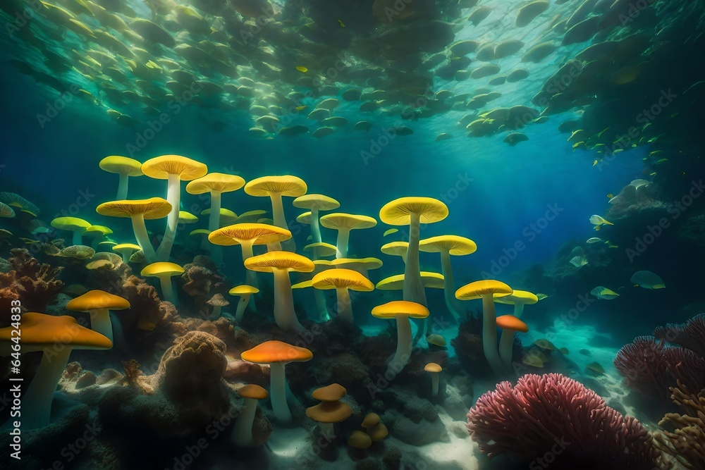 Poster an image of an underwater scene where trees with giant colorful mushrooms replace coral reefs - ai g