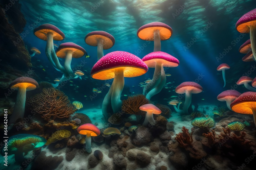 Poster an image of an underwater scene where trees with giant colorful mushrooms replace coral reefs - ai g