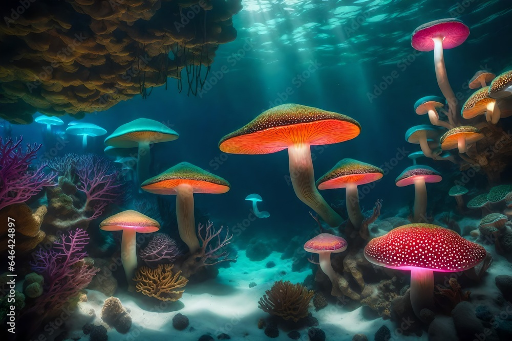 Poster an image of an underwater scene where trees with giant colorful mushrooms replace coral reefs - ai g