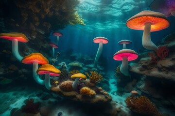 Fototapeta na wymiar an image of an underwater scene where trees with giant colorful mushrooms replace coral reefs - AI Generative