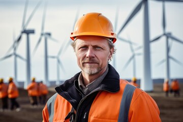 Portrait of a worker in a helmet with wind power station background.