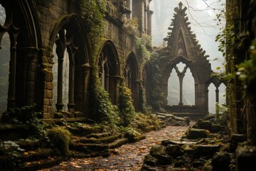 Gothic church in fog, surrounded by cemetery and vivid stained glass., generative IA