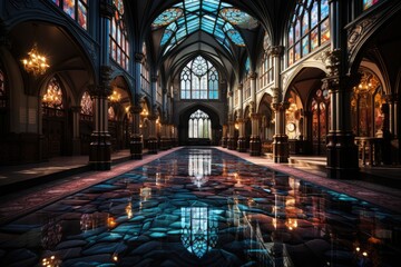 Gothic church with colorful stained glass, serene garden and detailed sculptures., generative IA