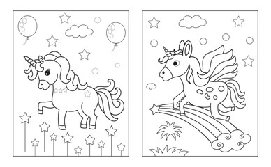 Coloring page with cute unicorn. Vector black and white image for children. Cool unicorns with rainbow, flowers, sweets.