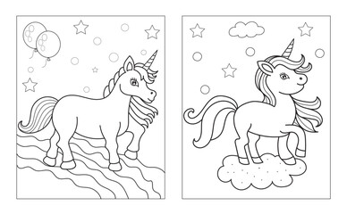 Coloring page with cute unicorn. Vector black and white image for children. Cool unicorns with rainbow, flowers, sweets.