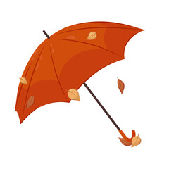 Illustration of an open umbrella on which autumn leaves are falling on a white background. Brown umbrella in flat style.