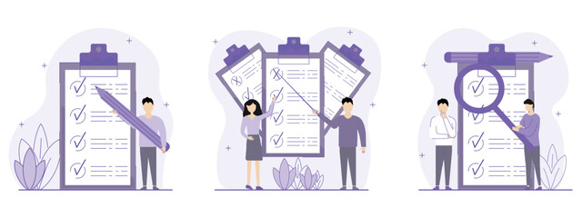 Checklist illustration set. The characters stand next to a checklist that helps them correctly perform any task or action with maximum efficiency. Сhecklist  concept. Vector illustration.