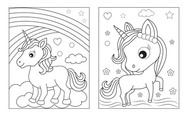 Coloring page with cute unicorn. Vector black and white image for children. Cool unicorns with rainbow, flowers, sweets.