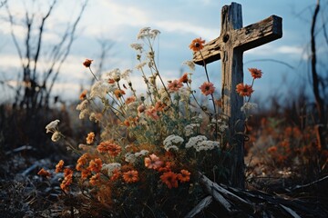 Aging cross surrounded by flowers in cemetery to the twilight., generative IA - obrazy, fototapety, plakaty