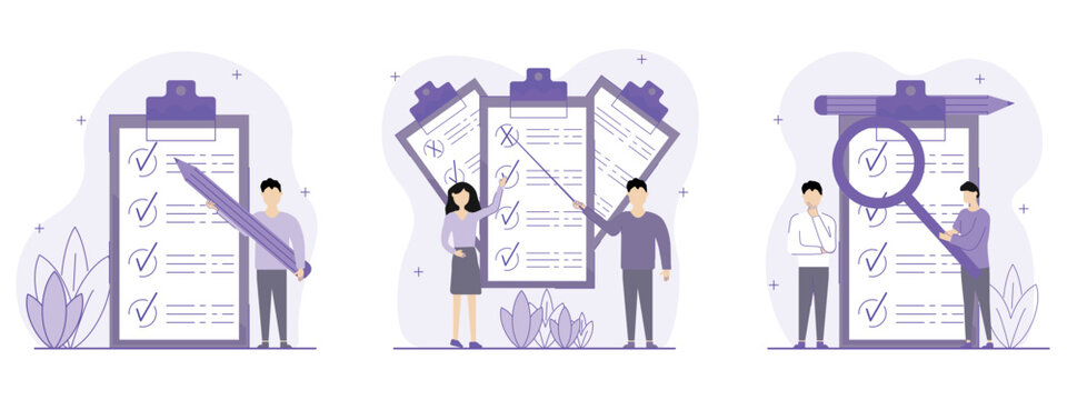Checklist illustration set. The characters stand next to a checklist that helps them correctly perform any task or action with maximum efficiency. Сhecklist  concept. Vector illustration.