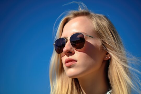 a young woman wearing sunglasses against a blue sky background