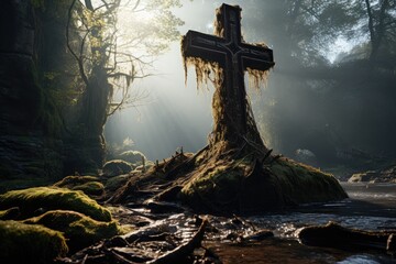 Empty cross is reborn in the ancestral forest, surrounded by life and light., generative IA