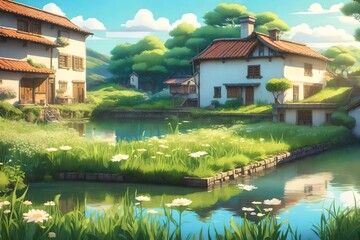Fototapeta na wymiar anime landscape, irrigation canal with small houses on the bank - AI Generative