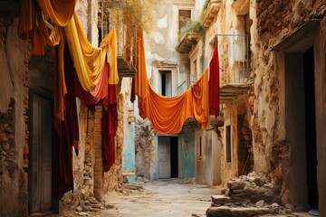 Old market comes to life on spent walls; History and colors intertwine., generative IA