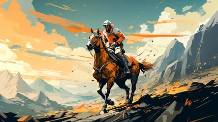 Deurstickers Jockey characters is riding his horse , AI generated © Sirichai Puangsuwan