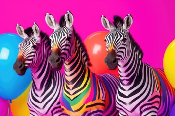Fototapeta na wymiar Group of Funny Zebras: Bright Pastel Animal Illustration for Cards and Banners, Birthday Party Invitation