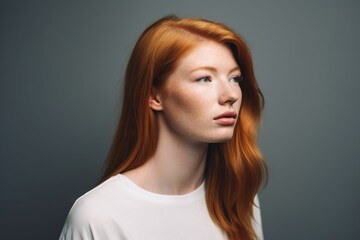 shot of a young woman looking thoughtful while standing against a gray background