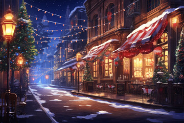 anime style background, a christmas market