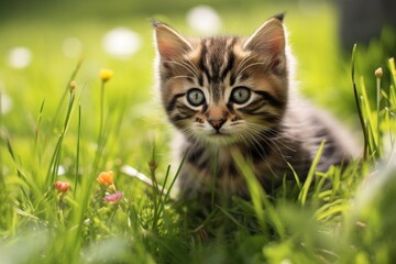 black-white cat sits in the green grass