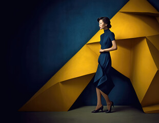 Fashionable asian woman in elegant blue dress stands over yellow blue wall
