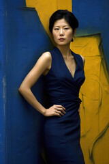 Fototapeta premium Fashionable asian woman in elegant blue dress stands over yellow blue wall