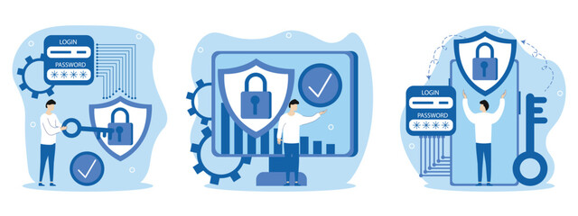 Character trying to hack cyber security services,a character confident in the reliability of security,authorization and permission to access data.Data protection concept.Vector illustrations set.