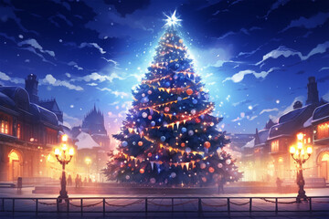 nime style background, a big christmas tree in the middle of the city