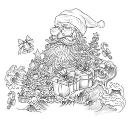 Pencil drawing of a Santa Claus on the beach. Christmas in July, summer, vacation, resort, warm climate theme for posters, greeting cards. White background with hand painted New Year's drawing.