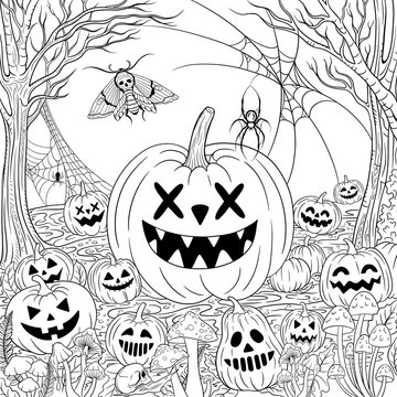 Sketch. Pencil drawing of a Halloween pumpkins, spiders, cobwebs and flying bats, illustration. White background with hand painted Halloween background.