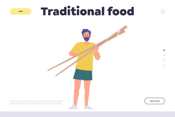 Traditional food landing page template with man character holding huge chopsticks in hand design