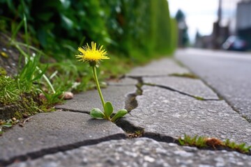 dandelion growth surrounded by weeds in pavement crack - obrazy, fototapety, plakaty