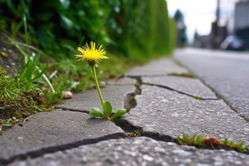 Fotobehang dandelion growth surrounded by weeds in pavement crack © Alfazet Chronicles