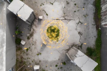aerial view of dandelion breaking through concrete