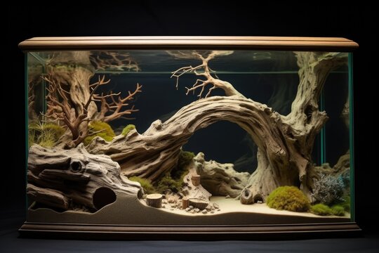 cracked aquarium with pebbles and driftwood inside