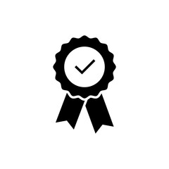 Rosette stamp icon. Simple solid style. Guarantee, warranty, certificate, medal with check mark, ribbon, quality concept. Black silhouette, glyph symbol. Vector isolated on white background. SVG.